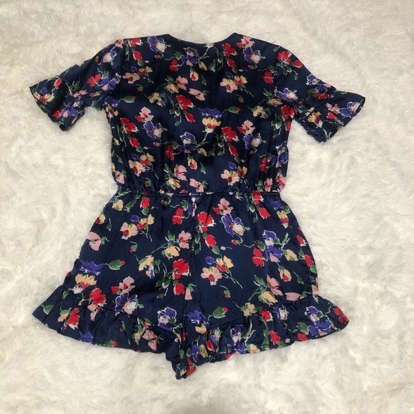 Tularosa Blue Satin Floral Tie Front V Neck Short Sleeve Romper - Picture 11 of 15